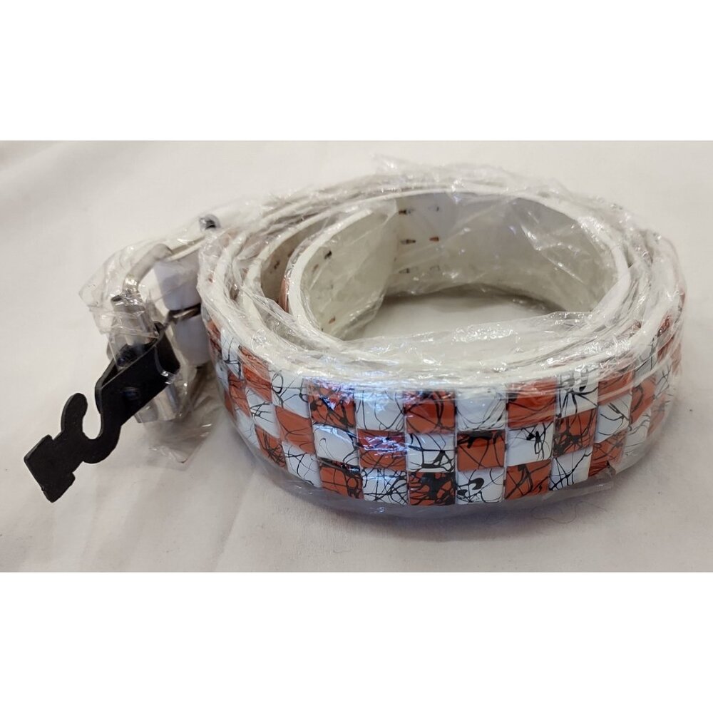 Orange White Black Studded Faux Leather Belt Marble Print Streetwear Style